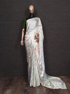 Saree-ropa de seda para fiesta, tejido de satén con estampado digital y encaje de perlas, para mujeres - Product Image 3