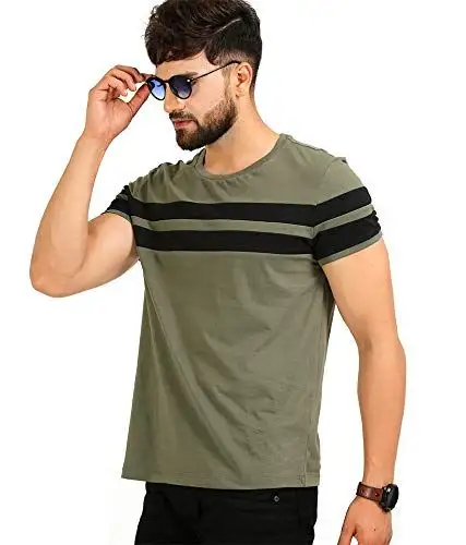 100% Cotton Short Sleeve Solid Color Long Jersey Brown Men Striped T Shirt