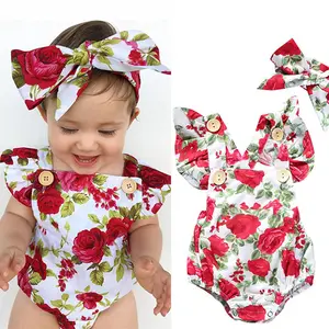 Newborn Outfits Set Hot Sale Cute Floral 2pcs Romper Headband Summer Baby Girls Clothes Jumpsuit