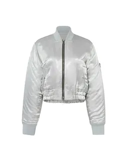 Neue Custom Silk Bomber jacke Metallic Silber Satin Zip Front Damen Street Wear Bomber jacken