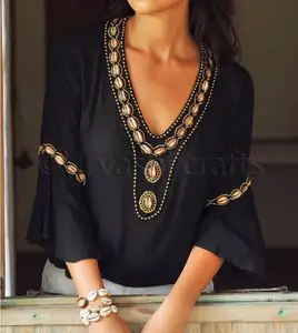 Nieuwste Stijl Dameskleding Zomer Hand Kralen Hals Lange Mouw Damesoverhemden En Tuniek Tops Blouse Met Lange Mouwen