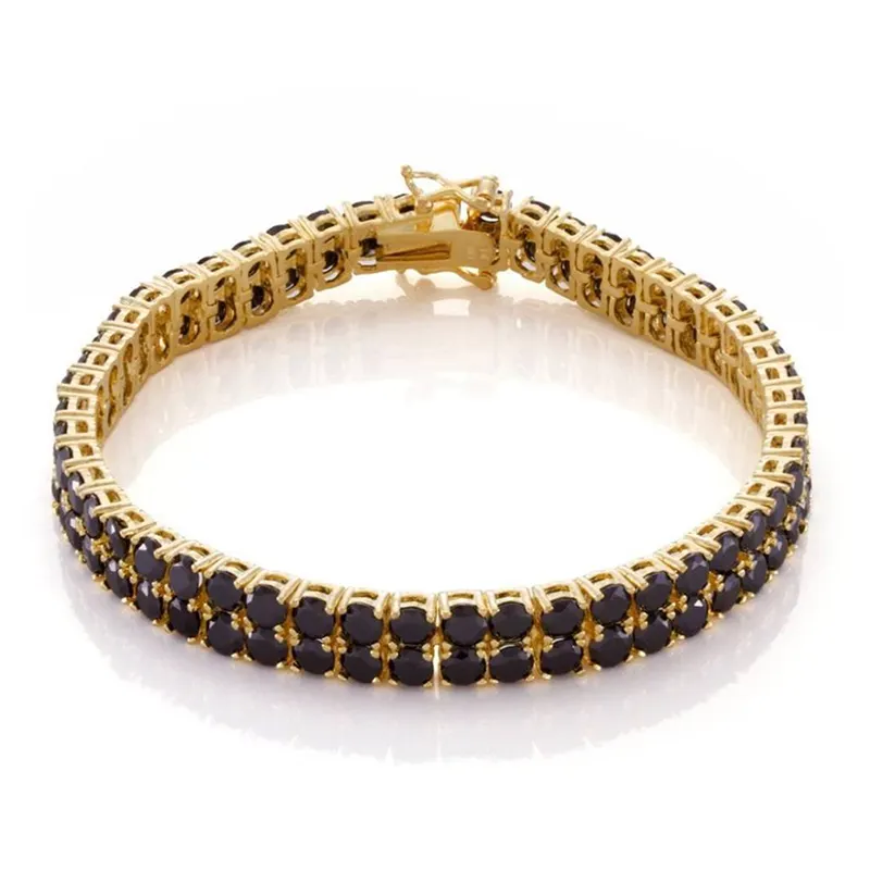 Klassisches zweireihiges Tennis armband aus schwarzem Diamant aus 14 Karat Gelbgold von Gemone Diamonds
