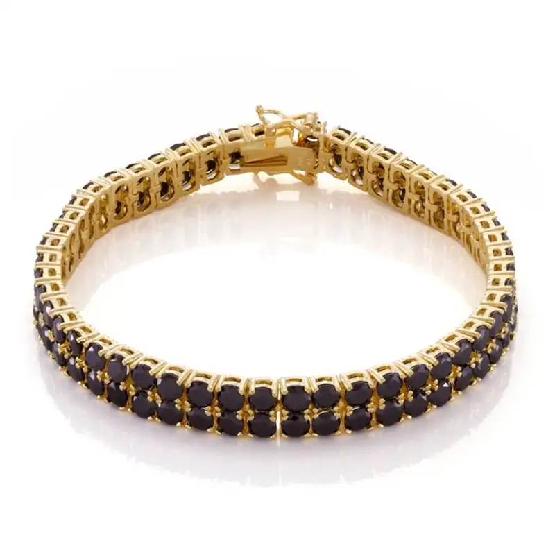 Classic Black Diamond Double Row Tennis Bracelet 14k Yellow Gold By Gemone Diamonds,14k gold tennis bracelet