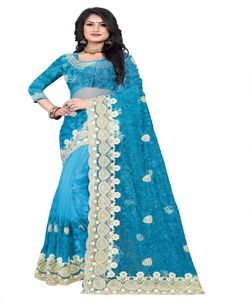 Vêtements de fête Designer Brodé Net Soie Fleur Conception Indienne Dames Porter Orange Couleur Saree Avec Chemisier Pièce Perle Travail Sari Apparelgarment - Product Image 2