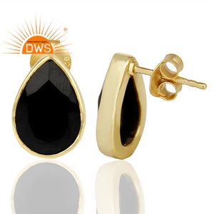 Pear Shape Black <b>Onyx</b> <b>Earrings</b> Gemstone Jewelry Yellow Gold Plated Silver Flat Back Stud <b>Earrings</b> Supplier - Product Image 3