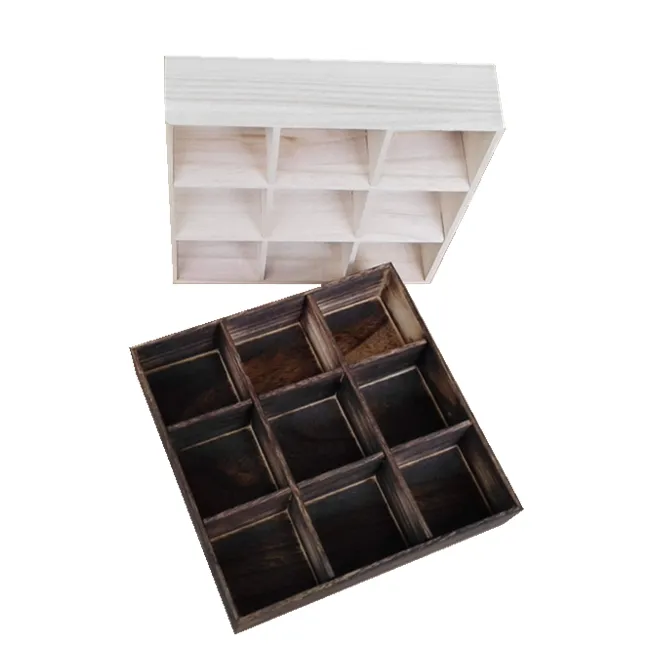 कस्टम लकड़ी खुले भंडारण प्रदर्शन ट्रे बॉक्स 9 डिब्बों फ्रीस्टैंडिंग या दीवार पर चढ़कर प्रदर्शन शेल्फ/डेस्कटॉप ऑर्गनाइजर कोई ढक्कन