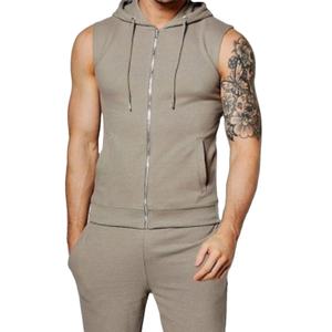 Survêtement d'hiver pour homme, grande taille, sans manches, coupe ajustée, 100% coton, en molleton éponge, pour le jogging, avec sweat à capuche et short - Product Image 4