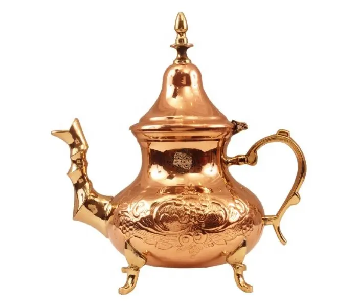 กาน้ำชาทองแดงบริสุทธิ์,ชุดชาและกาแฟในราคาขายส่งหม้อชา Mughlai ดีไซน์ทองแดงพร้อมซับใน