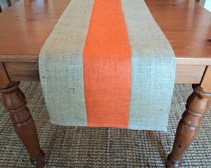 <b>Rustic</b> Striped <b>Table</b> Runner With Orange Center Panel And Natural Burlap <b>Sides</b> For Home Decor - Product Image 2