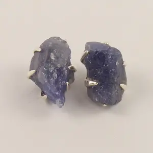 Anting-Anting Tanzanite Kasar, Perak Padat 925, Kristal Penyembuhan untuk Wanita, Perhiasan Grosir Mentah