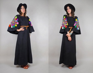 Robe longue d'été style bohème mexicain vintage, broderie florale, manches trois quarts, taille ample, dentelle, 6XL, plage, 100% coton - Product Image 2