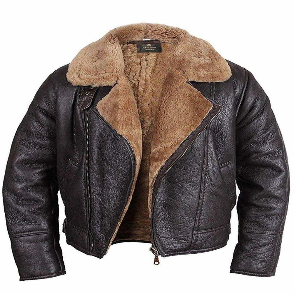 New Fashion Leather Jacket Men's Brown Aviator RAF Bomber Flying Fur Shearling Sheepskin