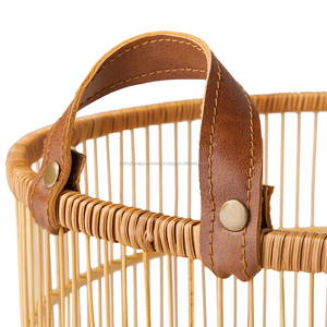 Set of 2 Naturals Bamboo <b>Basket</b> With Faux Leather Handle Wholesale - Product Image 3