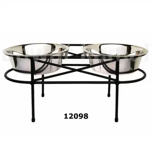 Grosir mangkuk kucing dengan dudukan logam mangkuk ganda tempat makan anjing dengan besi hitam berdiri