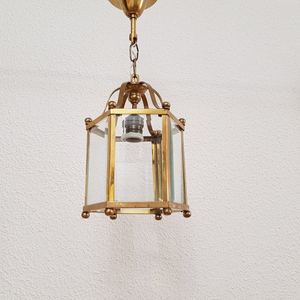 Vintage <b>Suspended</b> Ceiling Lamp "Lantern" 1 Light 6 Glass Panels Brass Frame Tested and Working - Product Image 1