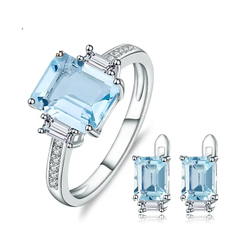 Natural Sky Blue Topaz Rings Clip Earrings Genuine 925 Sterling Silver Gemstone Fine Jewelry Set