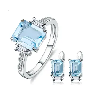 Natural Sky Blue Topaz Rings Clip Earrings Genuine 925 Sterling Silver Gemstone Fine Jewelry Set