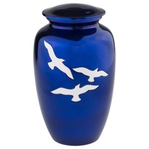 Urnas de cremación de estilo único hechas a mano tradicionales, urna de cremación de Metal grabada con pájaro de color azul de aluminio para cenizas humanas - Product Image 5