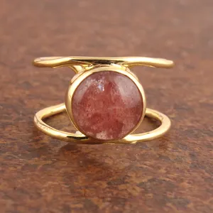 天然草莓石英宝石戒指黄铜镀金双带设计师可调节戒指圆形凸圆形手工戒指