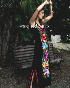 Summer Floral Embroidered Peacock <b>Kaftan</b> Vintage Mexican Cotton Organza Floor-Length <b>Maxi</b> Lace Beach Sleeveless V-neck Boho - Product Image 3