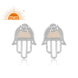 925 <b>Fine</b> Sterling Silver Natural Rose Chalcedony Gemstone Hamsa Design <b>Stud</b> <b>Earring</b> For Women Jewelry For Women Gift For Her - Product Image 3