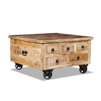Table basse en bois de manguier massif de fabrication indienne moderne Blue Ocean CT-52021 pour salon, 3 tiroirs petits, 2 tiroirs grands, roulettes métalliques, légère