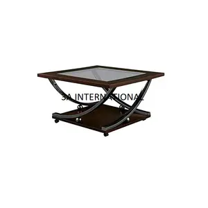 Stile unico di dimensioni personalizzate per uso domestico Hotel tavolino da caffè in metallo di finitura noce con piano in vetro arrotondato