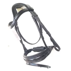 EQUESTRIAN LUXURY FASHIONABLE LEATHER HORSE BRIDLE WITH PATIENT LEATHER ON NOSE BAND BROW BAND AND ANATOMIC NOSE BAND AND CROWN