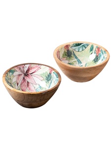Ensemble de saladiers en bois faits à la main avec intérieur en émail floral et serveurs en métal, parfait pour servir les repas et la décoration de la maison - Product Image 2