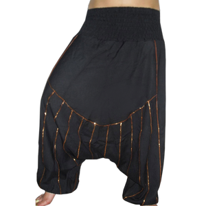 Fashion Black Aladdin Harem <b>Pants</b> for Women Loose Baggy Boho Yoga <b>Dance</b> Trousers Black Bohemian Harem Trousers with Gold stripe - Product Image 1