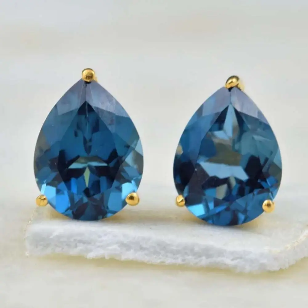 100% Natural London Blue Topaz Faceted Pear Shape 925 Sterling Silver Studs Earrings