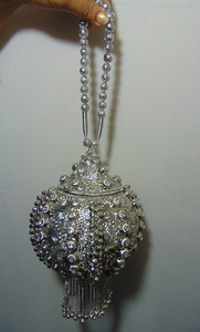 Silver <b>Metal</b> Pearl <b>Beaded</b> Evening Bag Potli Style with Fruit Pattern - Product Image 4