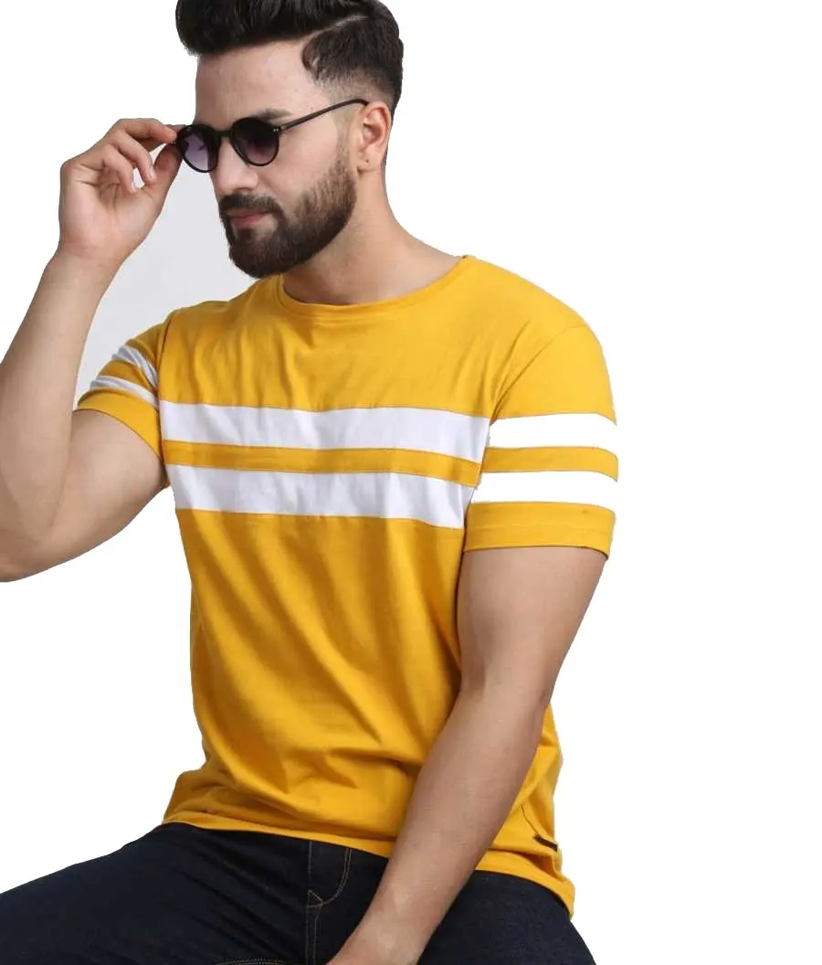 Wholesale Amazing Round Neck Striped Mustard Yellow T-Shirt Made high quality Men Tee Shirt Custom Printed