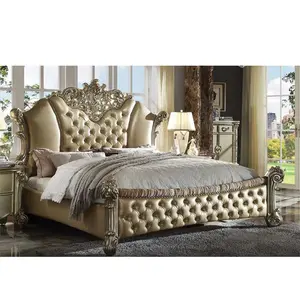 Nuevo diseño de cama con corona de pulido dorado con mesita de noche estilo italiano teca madera tallada cama de diseño de madera maciza de alta calidad
