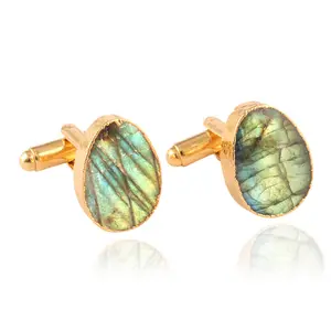 Novo estilo de moda de luxo banhado a ouro natural labradorite gemstone cufflink promocionais dom camisa botão de punho e gravata clip para homens