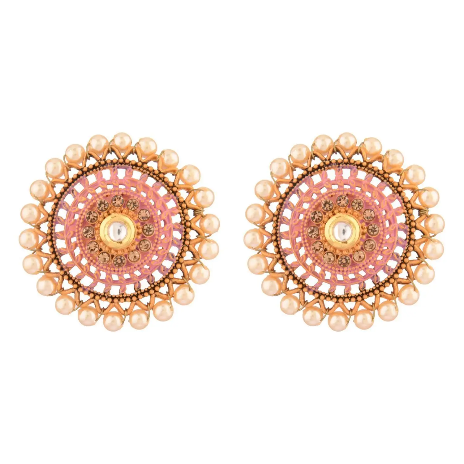 Kundan — bijoux indiens en fausse perle pour femme, boucles d'oreilles rondes, fabrication de bijoux, en cristal, rose