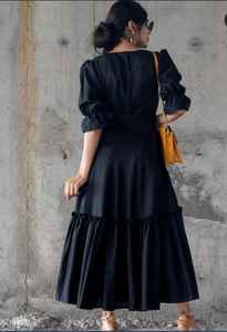 2021 nouveau été noir Maxi robe ample demi manches décontracté tenue de fête Style doux tissé motifs naturel taille uni teint - Product Image 3