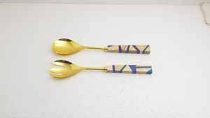 Juego de servidor de ensalada de acero inoxidable 18/8 estilo americano, herramienta decorativa chapada en oro para servir con mango de resina y madera, herramientas para ensalada - Product Image 3