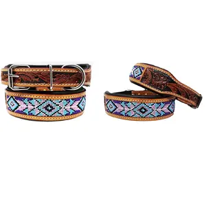 Top Trendy Latest Design Premium Quality Fancy Leather Dog Collar With Hand Carving And Bead Work Wholesale Manufacturer