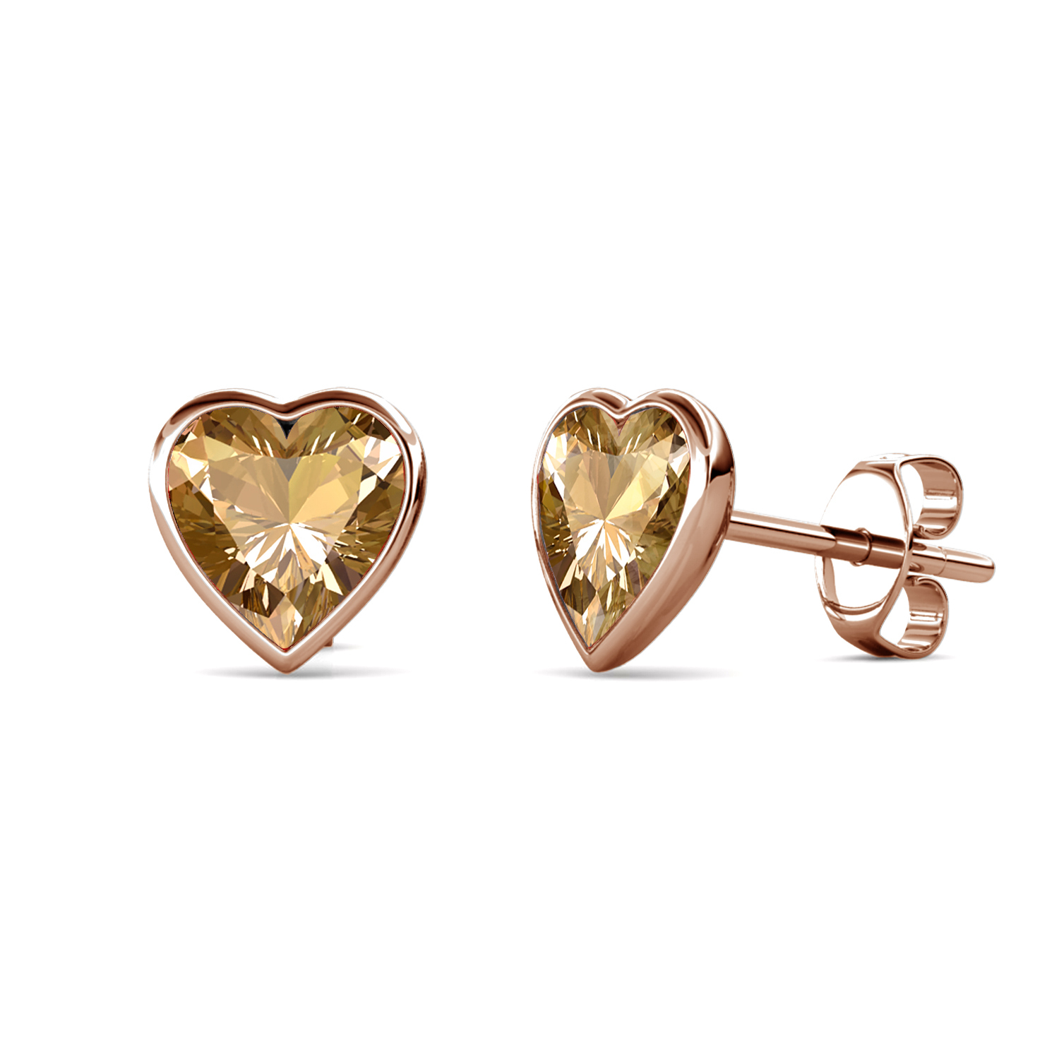 Brass With 18k RG Champagne Heart Shaped Crystal Stud Earrings
