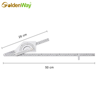 Acero Inoxidable GoldenWay # Transportador de ángulos de 180 grados con escala grabada, 51x51 cm, brazos cortos y largos de 50 cm, modelo GASP03003