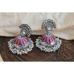 meenakari brass silver look alike <b>fashionable</b> jewellery trending pear shape stud jhumka <b>hoop</b> <b>earing</b> for girls and women - Product Image 1