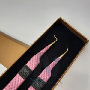 Ensemble de pinces à cils en acier inoxydable plaqué or à 90 degrés et 45 degrés, poudre rose écologique pour les soins personnels - Product Image 3