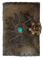 Grimoire fait main mythologique soleil et lune en relief 100% en cuir véritable Journal sort livre d'ombres lapidé cahier personnalisé