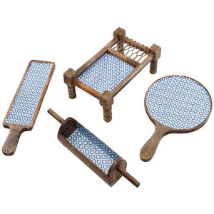 Best Selling Modern Wooden Khatiya Platter <b>Set</b> with Enamel for Decor and Gifting Snack Server <b>Cot</b> Tray Combo Supplies - Product Image 1