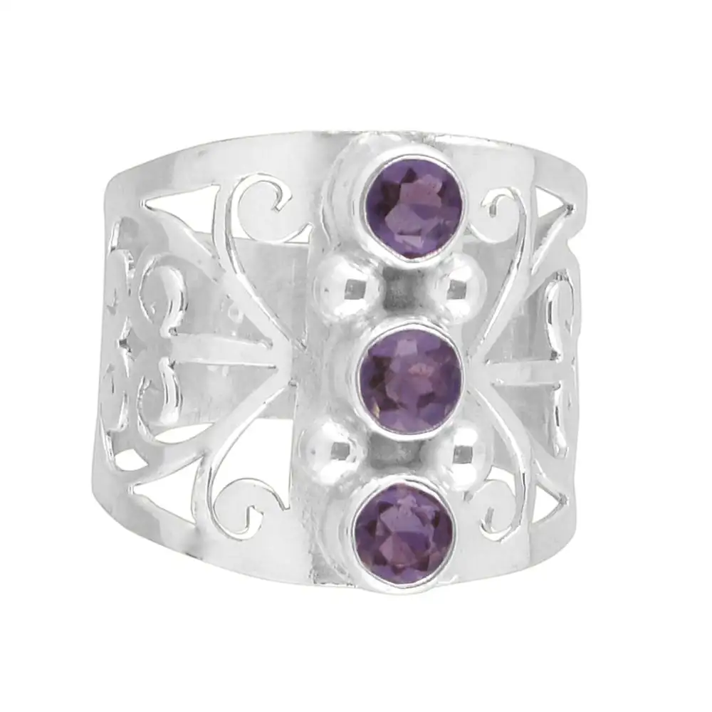 Anillo de Plata de Ley 925 de amatista púrpura, piedra redonda, tres piedras, diseño único, peso ligero, venta al por mayor, joyería India hecha a mano