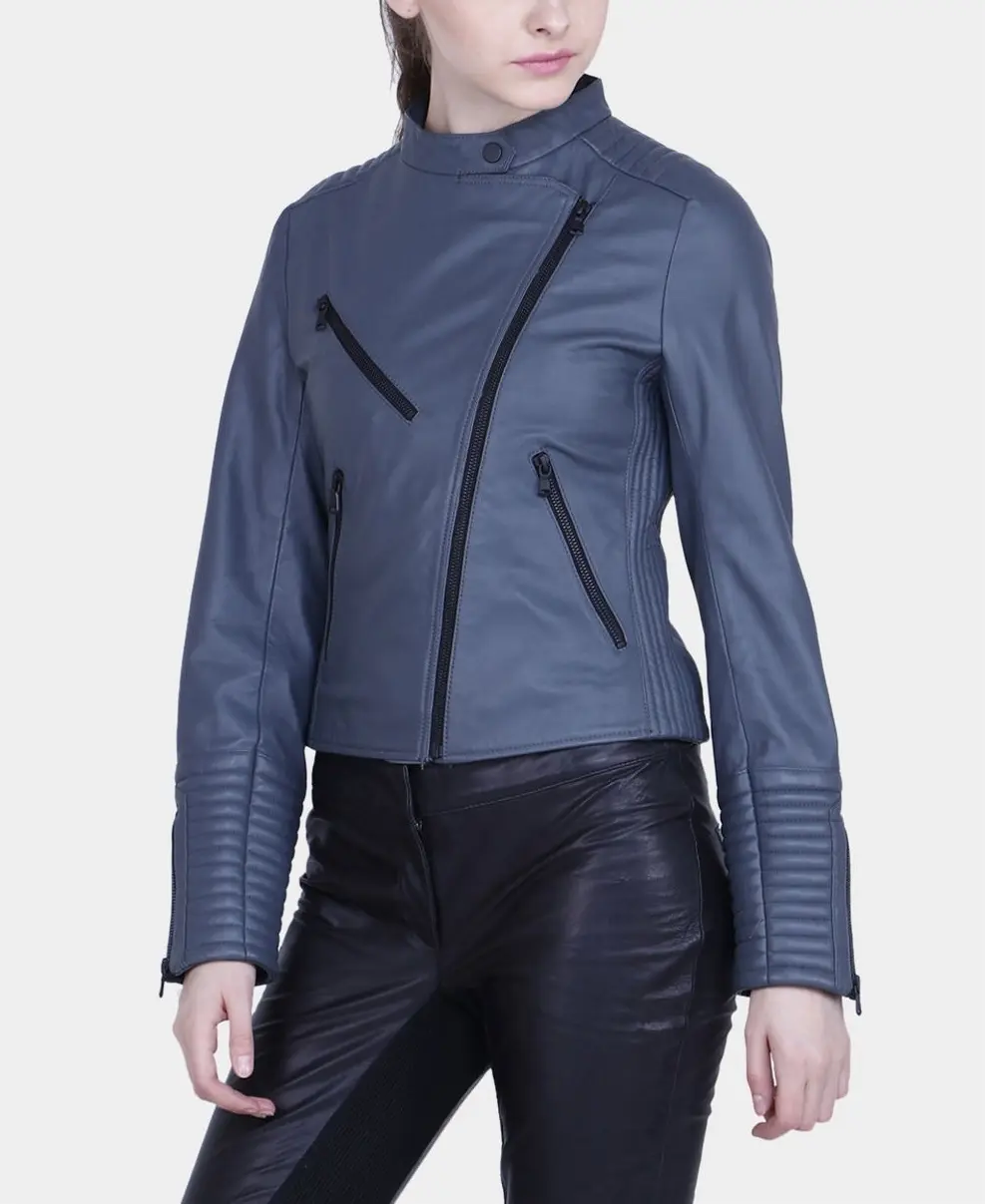 Real Leather Sheepskin Zipper Flashback Blue Women Biker Jacket with Quilted Viscose Lining and Inside Outside Pockets