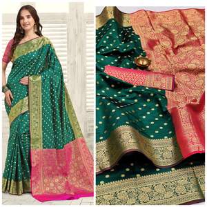 Saree de seda lichi con hermoso oro, tejido de Zari con Pallu pesado con contraste a juego, diseño de blusa pesada - Product Image 5