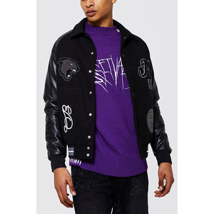 Veste en chenille brodée sur le devant avec boutons en laine et manches en cuir pour hommes Varsity Letterman Jacket at Wholesale 2024 - Product Image 1