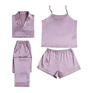 Hot Koop Vrouwen Silky Satin Pyjama Nachtkleding Loungewear Zomer 4 Stuks Pajama Set Cami Pjs Met Shirt